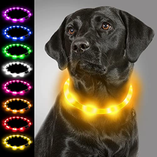 Joytale Light Up Dog Collar, Rechargeable Rainproof LED Collar for Night Walking Safety, Soft Silicone Glow in The Dark, Suitable for Small Medium Large Dogs, Yellow - color: Yellow