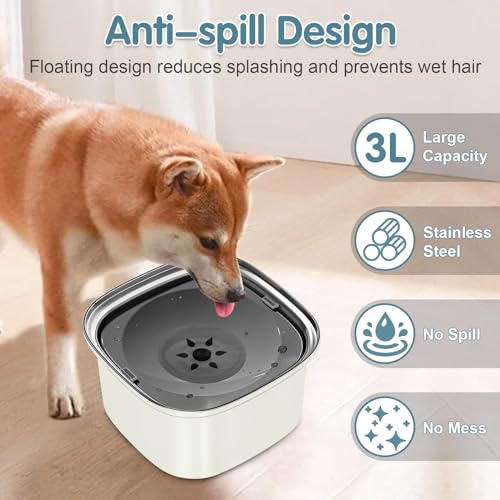 UPSKY 3L Dog Water Bowl 101oz Stainless Steel No Spill Large Capacity Dog Food Water Bowl Slow Water Feeder, Spill Proof Pet Water Dispenser Vehicle Carried Travel Water Bowls - color: J-Beige