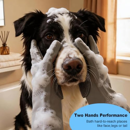 2PCS Dog Washing Gloves and Dog Bath Brush, Pet Shower Mitt with 3000 Soft Rubber Bristles, Adjustable Handle Scrubber for Bath, Massage and Grooming - color: Grey