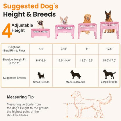 URPOWER 3-in-1 Elevated Dog Bowls - Mess Proof Double Deck 4 Height Adjustable Raised Stand with 2 Stainless Steel Food Bowls & Licking Plate for Small, Medium & Large Dogs - color: Pink, size: Large