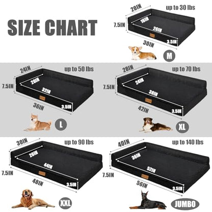 Patas Lague Orthopedic XL Dog Bed Large Sized Dog 42''X28'', Waterproof L Bolster Big Large Pet Sofa Beds with Removable Washable Cover, Soft Pet Couch Crate Mat with Nonskid Bottom, Black - color: Black, size: 42"L x 28"W x 3.5"Th