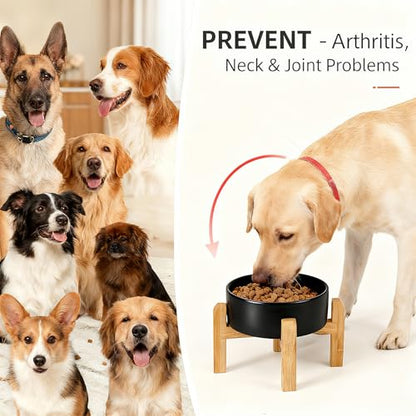 Elevated/Raised Ceramic Dog Bowl with Bamboo Stand,8 inch 7.6 Cups Non-Slip Heavy-Weighted Single Pet Dish, Reduces Neck Strain Black - color: Black, size: 7.6Cups - Large