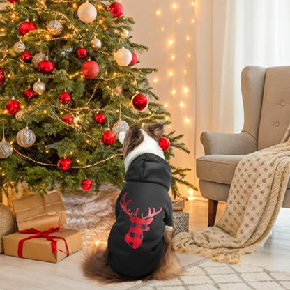 SCENEREAL Christmas Dog Hoodie with Leash Hole, Warm & Soft Fleece Pet Sweater & Sweatshirt for Small Medium Large Dogs, Xmas Elk Print Pets Clothes Cold Weather Costume, M - color: Black (Elk Print), size: Medium