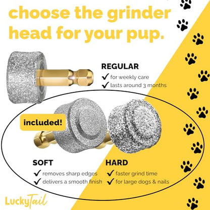LUCKY TAIL - Dog Nail Grinder - Hard & Soft Replacement Heads - Small & Large Dogs - Premium Quality - Diamond Tip Drill Bit - Professional Dog Nail Trimmers - Grooming Tool kit - 2 Pack - size: Two Pack
