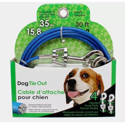 Rocky Mountain Goods Dog Tie Out Cable - Steel Tether Wire Dog Cable for Medium Dogs up to 35 Pounds - 4 Swivel Points to Reduce Tangling - Strong Vinyl Coated - Easy Open Rotating Clips (30 Foot) - size: 30 Foot