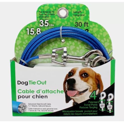 Rocky Mountain Goods Dog Tie Out Cable - Steel Tether Wire Dog Cable for Medium Dogs up to 35 Pounds - 4 Swivel Points to Reduce Tangling - Strong Vinyl Coated - Easy Open Rotating Clips (30 Foot) - size: 30 Foot