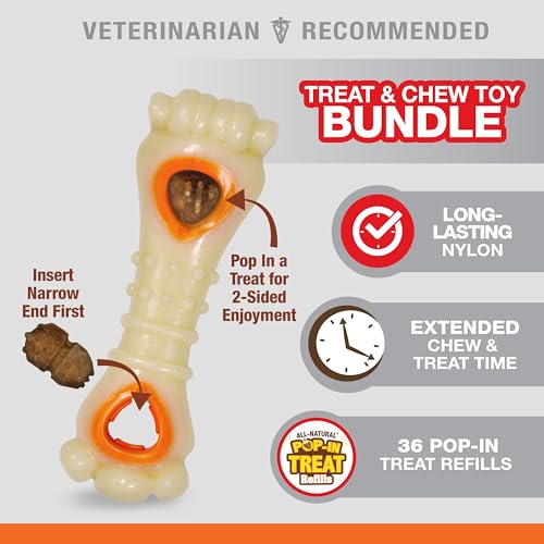 Nylabone Knuckle Bone Pop-in Treat Toy Power Chew Toy with 30 Refills, Interactive Treat Dispensing Enrichment Toys for Dogs, Long Lasting Chicken Flavor, Medium Dogs - Up to 35 lbs, 2 Pack - size: Medium