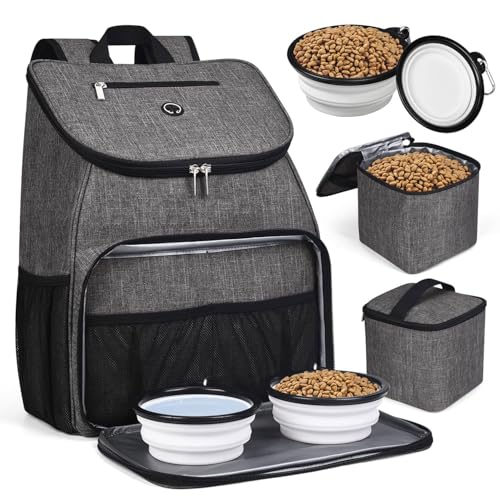 BAGLHER丨Dog Travel Bag, Airline Approved Pet Supplies Backpack, Dog Travel Backpack Accessories Set with 2 Silicone Collapsible Bowls and 2 Food Baskets, Gray - color: Grey-A