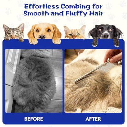 WRW 7 Pack Flea Comb,Stainless Steel Dog Cat Grooming Combs with Rounded Tooth for Remove Fleas Lice Eggs, Double Sided Tear Stain Remover, Dematting Tool for All Types of Small, Medium, Large Pets