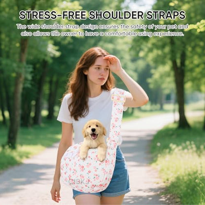 Dog Slings for Small Dogs,Small Dog Carrier Sling,Adjustable Strap Hand Free Dog Carrier Cat Sling for Outdoor Traveling Subway (Red Flower)