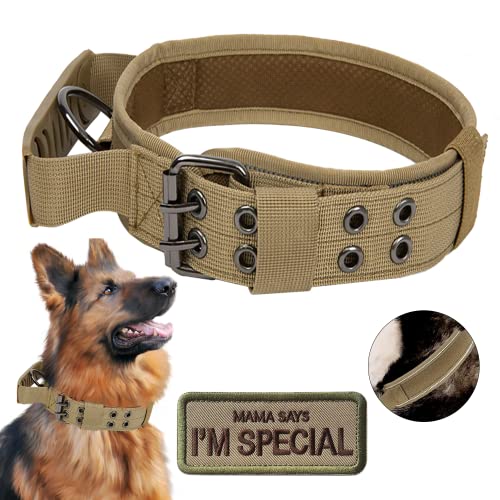 Tactical Dog Collar with Handle - Military Adjustable Dog Training Collar Soft Nylon and Heavy Duty Metal Buckle for Medium Large Dogs - with Patch (Brown with Patch, Medium) - color: Brown with Patch, size: Medium
