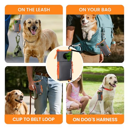Dog Poop Bag Holder for Leash with 2 Waterproof Storage Pouches, Carabiner Clip, Zipper Soft Doggy Pouch for Pet Waste Bags, Dog Walking, Training, Travel (Grey) - color: Grey