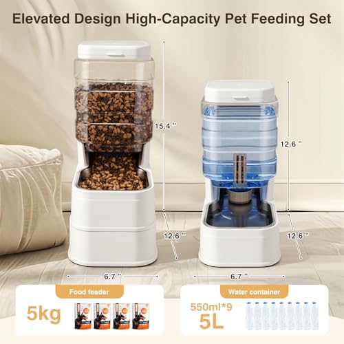 2 Pack Automatic Cat Feeder and Water Dispenser 1.3Gallon Dog Gravity Food Feeder and Water with Ice Pack Stainless Steel Dry Food and Waterer Bowl for Small Medium Large Pets (White) - color: White