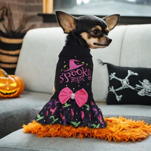 CuteBone Halloween Dog Sweater Dress Spooky Embroidery Turtleneck Puppy Sweater with Bowtie Leash Hole Pullover Winter Dress for Small Dogs - color: Halloween 3, size: Small
