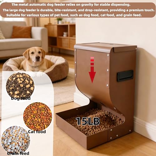 Large Gravity Dog Feeder 15lbs, Heavy Duty Metal Automatic Pet Food Dispenser, Rust-Proof Outdoor Dog Bowl with Secure Lid for Large Dogs & Cats