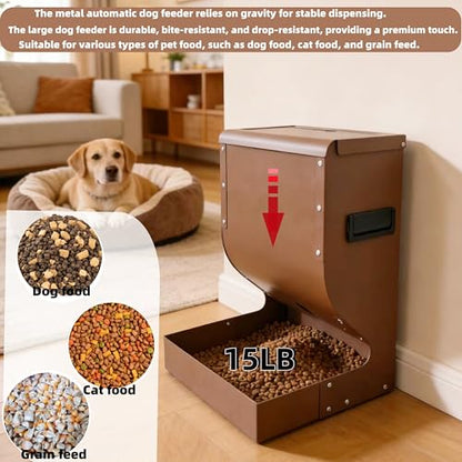 Large Gravity Dog Feeder 15lbs, Heavy Duty Metal Automatic Pet Food Dispenser, Rust-Proof Outdoor Dog Bowl with Secure Lid for Large Dogs & Cats