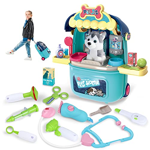 MAGIC4U Pet Cat Care Carrier Suitcase Toy, 29PCS Doctor Vet Kit for Kids, Pet Dog Grooming Feeding Toys, Veterinarian Pretend Play Set, Gifts for Boys and Girls Ages 3-12 | Puppy Vet Toys, Animal Doctor Kit for Toddlers,, Dog Grooming Toys, Pretend Pet Ho