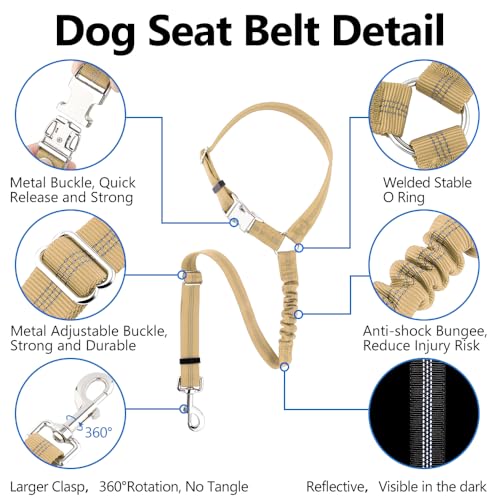 Plutus Pet Dog Seat Belt for Car Headrest, Reflective and Adjustable Restraint with Elastic Bungee for Safety, Vehicle Seatbelt Harness for Small Medium Large Dogs and Cats - color: Beige