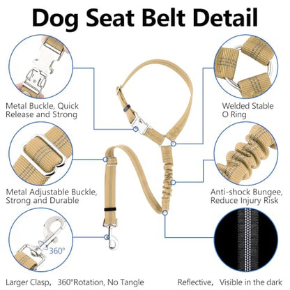 Plutus Pet Dog Seat Belt for Car Headrest, Reflective and Adjustable Restraint with Elastic Bungee for Safety, Vehicle Seatbelt Harness for Small Medium Large Dogs and Cats - color: Beige
