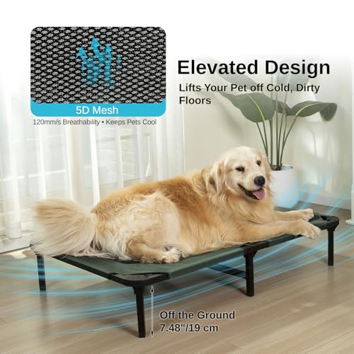 Elevated Dog Bed for Large Dogs, Cooling Mesh Raised Pet Cot with Waterproof 1680D Oxford Cover, Anti-Static Easy Clean Washable Cover, Heavy Duty Steel Frame, Non-Slip (Green, 46"L x 29"W x 7.5"Th) - color: Green