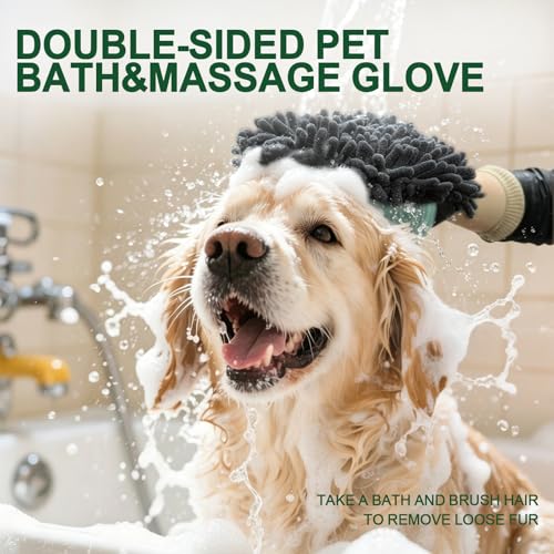 Green Double-Sided Dog Bath Glove Dog Washing Glove Massage Dog Brush Glove for Dogs and Cats Chenille Absorbent Pet Towel Mitt Pet Grooming Glove for Hair Removal Glove