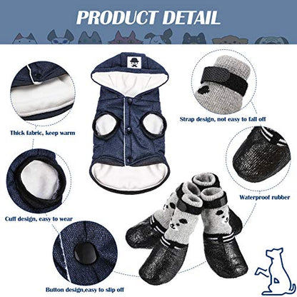Winter Dog Coat Warm and Cat Boots Shoes Socks Waterproof Puppy Jacket Small Dog Booties Paw Protectors Stylish Hooded Coat for Puppy(Navy Blue,L) - size: L