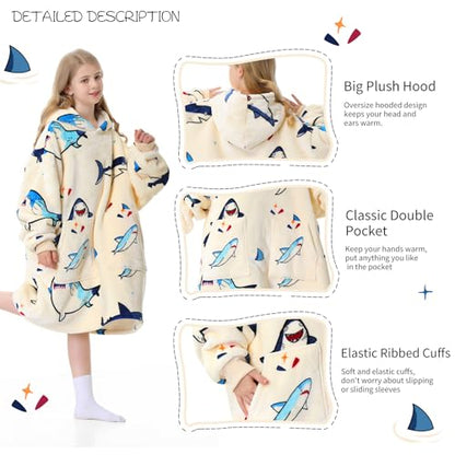 Aemicion Kids Wearable Blanket Hoodie-Shark Plush Hooded Blanket with Pockets, Cozy Fleece Sherpa Blanket as Gift for Boys Girls - color: Big Shark/Kids, size: Kids