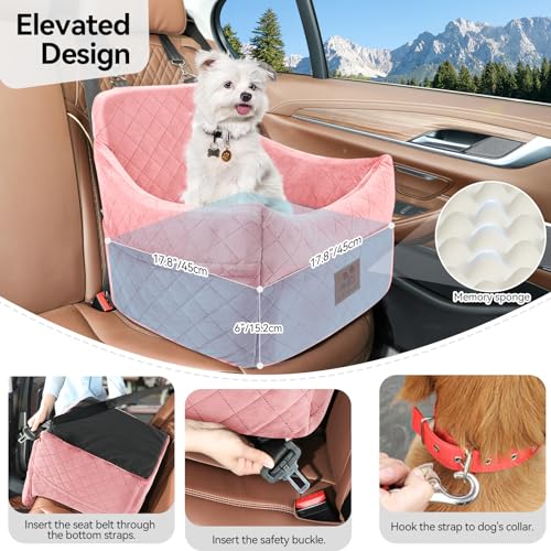 Dog Car Seat for Small/Medium Dogs, Dog Booster Car Seats with Thick Cushion for Dogs Under 35lbs, Detachable Washable Pet Bed with Storage Pockets, 2 Safety Belts (Pink) - color: Pink