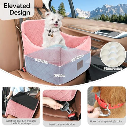 Dog Car Seat for Small/Medium Dogs, Dog Booster Car Seats with Thick Cushion for Dogs Under 35lbs, Detachable Washable Pet Bed with Storage Pockets, 2 Safety Belts (Pink) - color: Pink