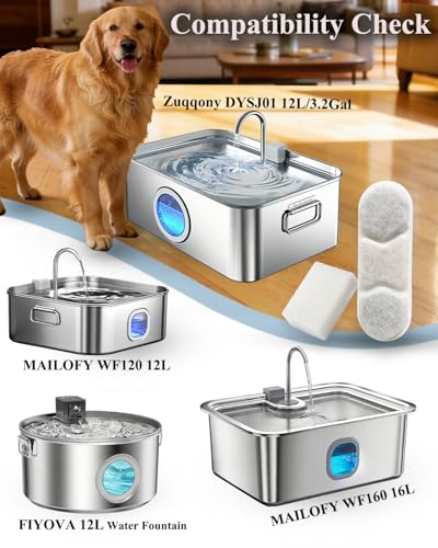 12-Pack Dog Water Fountain Filters Compatible with Zuqqony DYSJ01 12L Water Fountain,Pet Water Replacement Filters fit for MAILOFY WF160 16L & WF120 12L FIYOVA Pet Water Dispenser with Visible Window
