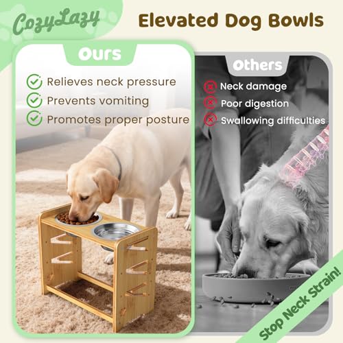 Elevated Dog Bowls, Adjustable Raised Dog Bowl Stand for Large and Medium Pet, 15" High Bamboo Pet Food Feeder with 2 Stainless Steel Dishes（6 Heights） - size: Large sized dogs