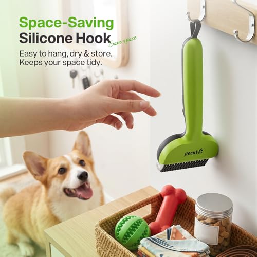 Pecute Self-Cleaning Undercoat Rake for Dogs Cats with Thick Double Coats | 1-click clean, 304SS, 18 rounded teeth, For seasonal heavy shedding & matting, Gentle on pets, Ideal for long/dense coats - color: Green