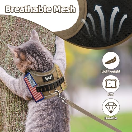 PUPTECK Tactical Cat Harness and Leash Set Escape Proof, Adjustable Reflective Kitten Jacket Easy Control, Pet Vest Harness for Cats Small Dogs Puppies Walking and Travel - color: Khaki, size: Small