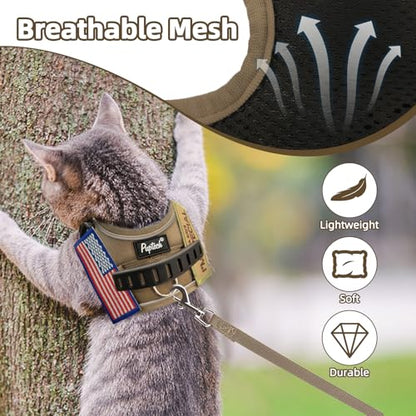PUPTECK Tactical Cat Harness and Leash Set Escape Proof, Adjustable Reflective Kitten Jacket Easy Control, Pet Vest Harness for Cats Small Dogs Puppies Walking and Travel - color: Khaki, size: Small