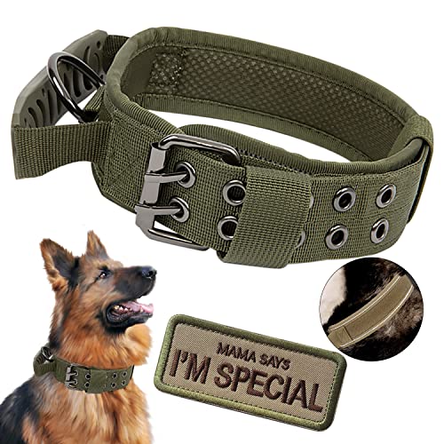 Tactical Dog Collar with Handle - Military Adjustable Dog Training Collar Soft Nylon and Heavy Duty Metal Buckle for Medium Large Dogs - with Patch (Green with Patch, Medium) - color: Green with Patch, size: Medium