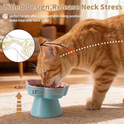 Tilted Cat Bowl, Flower-Shaped Ceramic Slow Feeder Cat Bowl, Raised Pet Bowl for Whisker Relief, Prevents Vomiting & Bloating, Non-Slip Base, Easy to Clean for Dry/Wet Food (Lavender & Yellow) - color: Lavender & Yellow