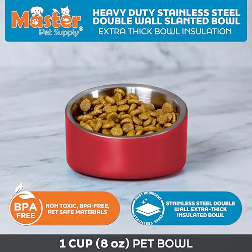 Master Pet Supply Stainless Steel Slanted Dog Cat Food Bowl - 8 oz Heavy Duty - Crimson Flame, Double Wall Insulated, Non-Slip Elevated Bowl for French Bulldogs Pugs Cats, Anti Rust Dishwasher Safe - color: Crimson Flame, size: 1 Cup (8 oz)
