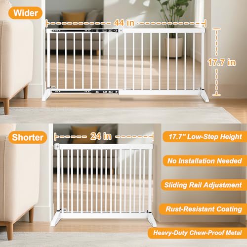 White Metal Dog Gate for Small Dogs - 17.7" Short Freestanding Puppy Gate with Retractable Sliding Rail, No Installation, Indoor/Outdoor Use, Foldable & Portable Pet Barrier