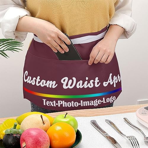 sophiehome Custom Waist Apron with Pockets Add Photo Logo Name Personalized Waiter Server Short Aprons for Kitchen - color: Maroon