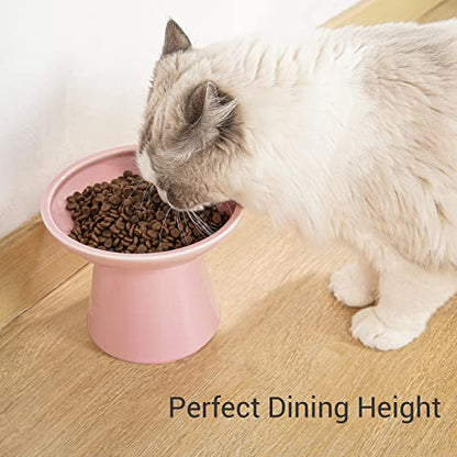 CEEFU Extra Wide Elevated Ceramic Cat Bowl, 6.2" Shallow Dish for Whisker Fatigue Relief, 5" Height for Easy Feeding, Durable Raised 2 Cat Food Bowls, Pink - color: Pink-2 Food Bowl