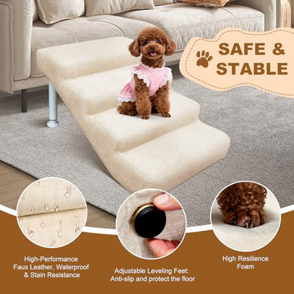 Linen Faux Leather Adjustable Dog Stairs & Steps for Bed and Sofa,4-Step | Adjustable Height 14.5"-17.7" Pet Ramp for Small to Large Dogs,150lbs Load Capacity,Waterproof, Scratch-Resistant