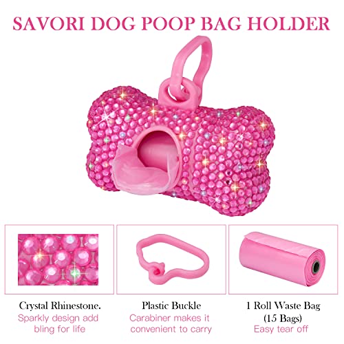 SAVORI Dog Poop Bag Holder Bling Crystal Dog Waste Bags Dispenser for Pet Dog Doggy with Carabiner Clip Includes 1 Roll 15 Bags (Hot Pink) - color: Hot Pink
