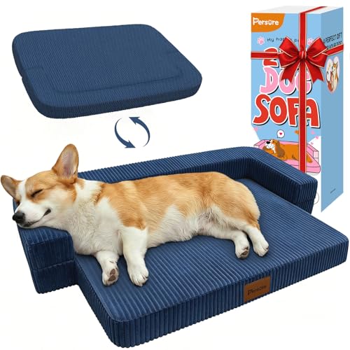 Persure Orthopedic Dog Bed for Medium Large Dogs, Waterproof Memory Foam Pet Couch Dog Sofa with 3-Sided Bolster, Adjustable Pillow, Non-Slip Bottom & Removable Washable Cover, Navy Blue, 36 inch - color: navy blue, size: Large