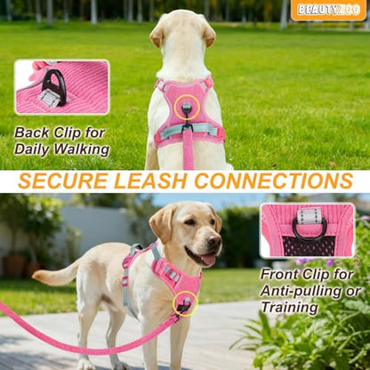 BEAUTYZOO No Pull Dog Harness Large, Adjustable Dog Harness and Leash Set -Easy Wearing with 3 Buckles/Control Handle,No Choke Soft Padded Reflective Pet Vest for Training Walking Hiking,Rose XL - color: Solid Rose, size: XL: chest 22"-44"
