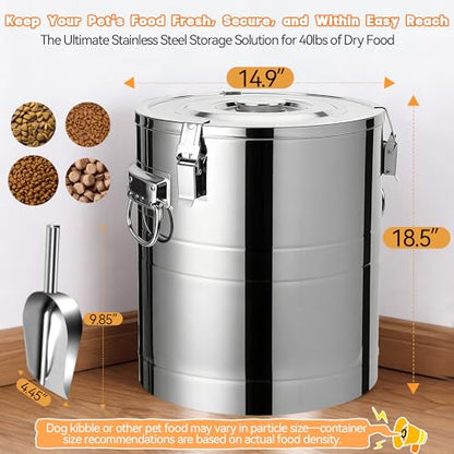 40lb Stainless Steel Dog Food Storage Container, Large Capacity Metal Pet Food Storage Container with Scoop, Airtight Dog & Cat Food Treat Bin for Dry Food Keep Fresh for Multi-Pet Households - size: 40lb