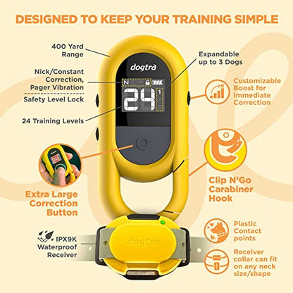Dogtra CUE Yellow – E-Collar for Dogs Training Collar with Remote – Training Made Easy for Everyday Dog Owners – Gentle Vibration, Custom Boost, Waterproof, Rechargeable, 400-Yard Range System - color: Gen 1 Yellow