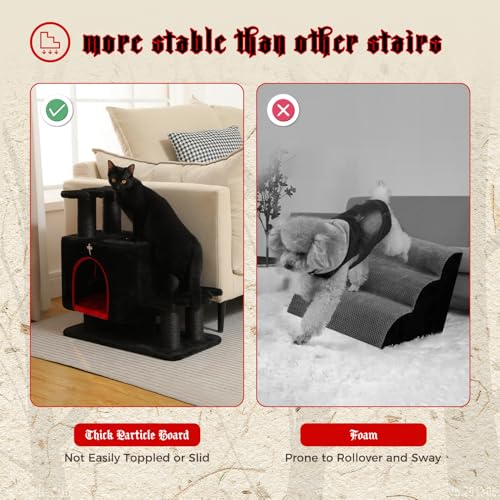 Gothic 3-in-1 Dog Stairs & Cat Scratching Post with Condo - Pet Steps for High Beds, Sofa & Couch, 3-Tier Cat Tower with Sisal Scratching Pad for Small Dogs, Cats & Kittens, Black - color: Black