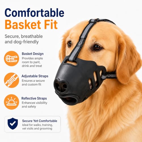Dog Muzzle, Soft Basket Muzzle with Adjustable Reflective Straps, TPE Mouth Guard Allows Panting Drinking and Treats, for Grooming Walking Training Vet Visits, Black(Large) - size: Large