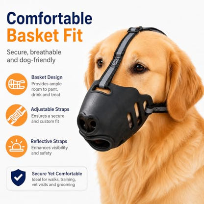 Dog Muzzle, Soft Basket Muzzle with Adjustable Reflective Straps, TPE Mouth Guard Allows Panting Drinking and Treats, for Grooming Walking Training Vet Visits, Black(Large) - size: Large