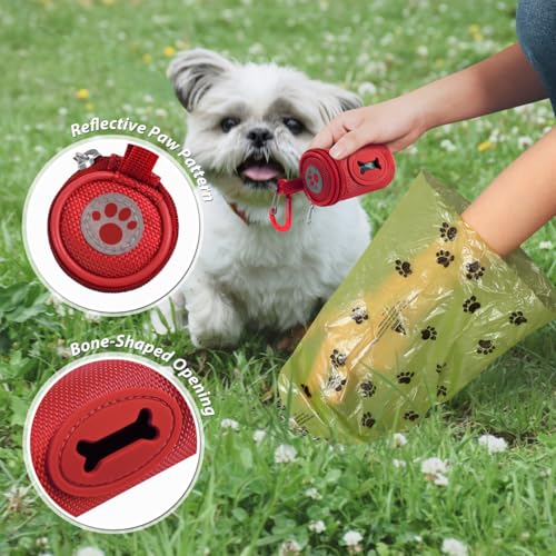 FURHAB Dog Poop Bag Holder for Leash Doggie Waste Bag Dispenser Soft Fabric Puppy Potty Carrier Small Doggy Zipper Pouch with Carabiner Clip 1680D Nylon Oxford with 1 Roll of Pet Trash Bags, Red - color: Red